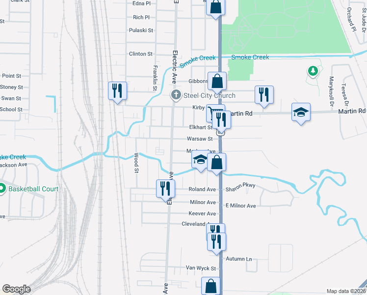map of restaurants, bars, coffee shops, grocery stores, and more near 225 Warsaw Street in Lackawanna