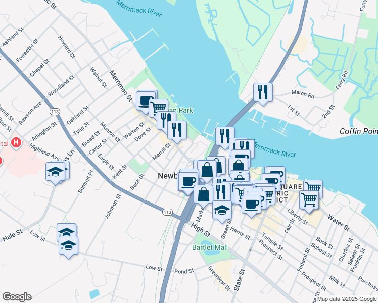 map of restaurants, bars, coffee shops, grocery stores, and more near 138 Merrimac Street in Newburyport