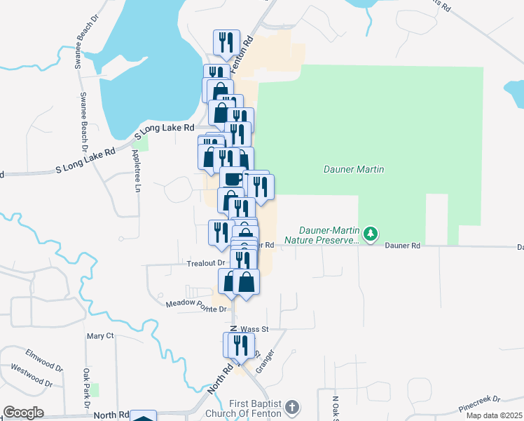 map of restaurants, bars, coffee shops, grocery stores, and more near 1390 North Leroy Street in Fenton
