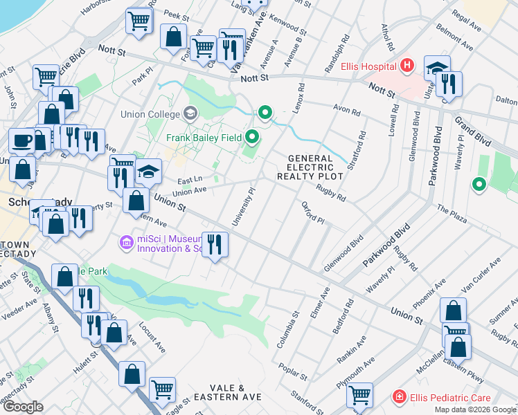 map of restaurants, bars, coffee shops, grocery stores, and more near 1076 Park Avenue in Schenectady