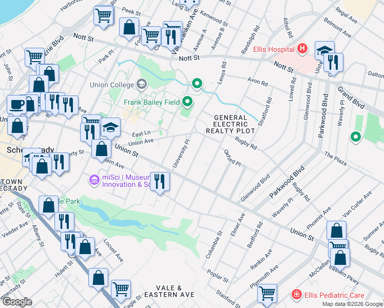 map of restaurants, bars, coffee shops, grocery stores, and more near 1076 Park Avenue in Schenectady