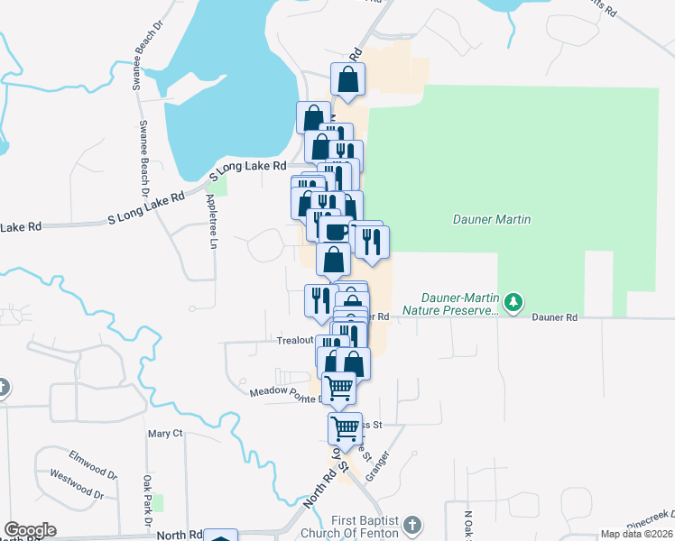 map of restaurants, bars, coffee shops, grocery stores, and more near 1390 North Leroy Street in Fenton