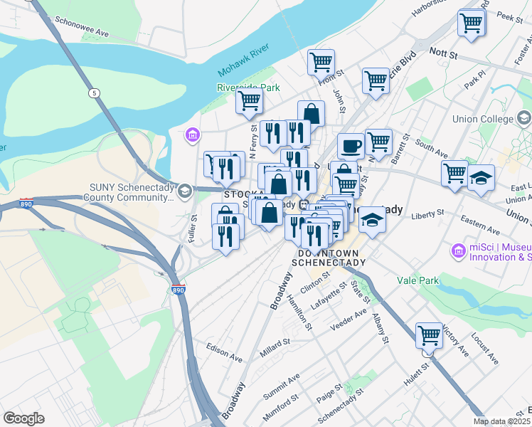 map of restaurants, bars, coffee shops, grocery stores, and more near 240 State Street in Schenectady