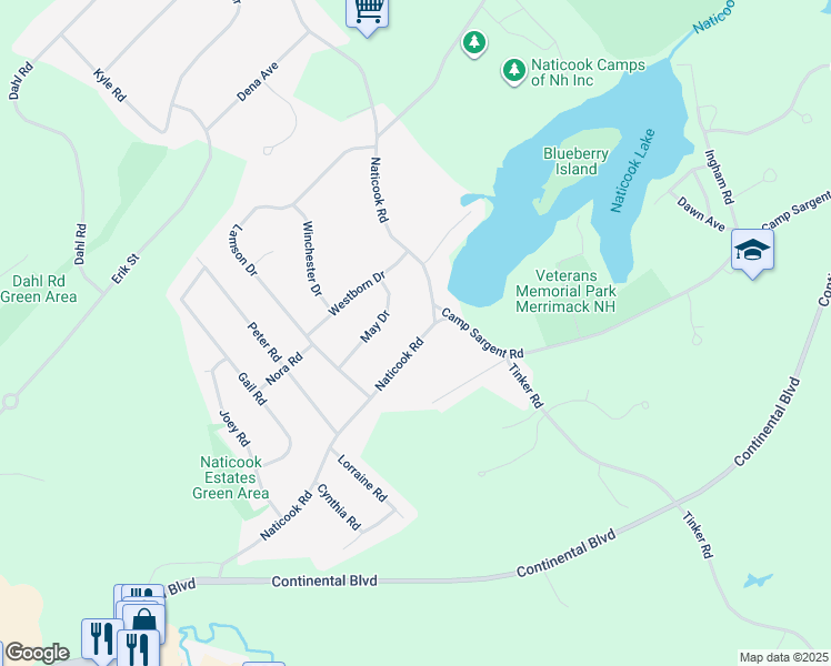 map of restaurants, bars, coffee shops, grocery stores, and more near 175 Naticook Road in Merrimack