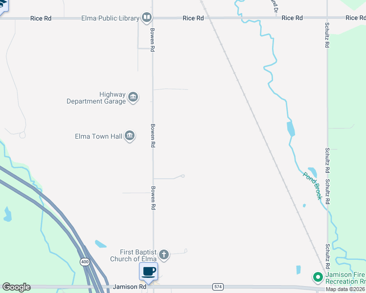 map of restaurants, bars, coffee shops, grocery stores, and more near 1615 Bowen Road in Elma Center