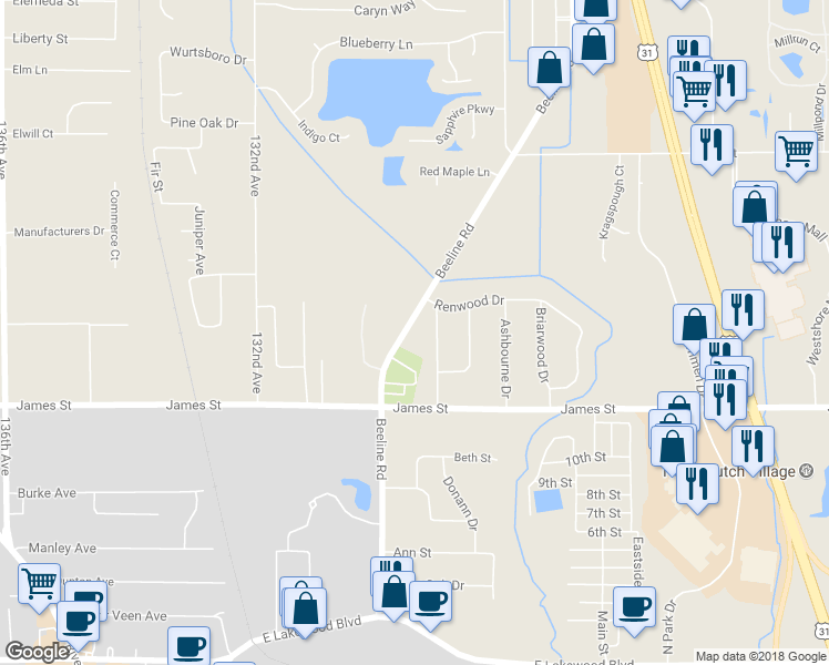 map of restaurants, bars, coffee shops, grocery stores, and more near 2514 Beeline Road in Holland