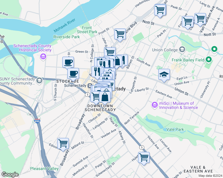 map of restaurants, bars, coffee shops, grocery stores, and more near 70 West Campbell Road in Schenectady
