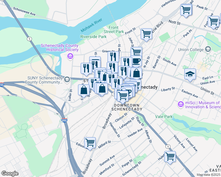 map of restaurants, bars, coffee shops, grocery stores, and more near 301 State Street in Schenectady