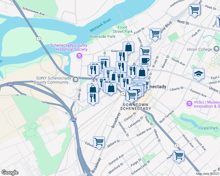 map of restaurants, bars, coffee shops, grocery stores, and more near 216 State Street in Schenectady