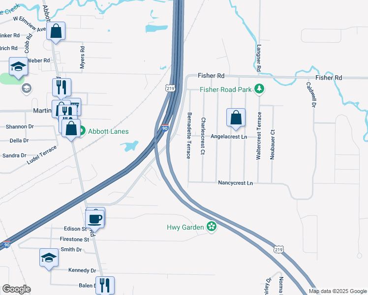 map of restaurants, bars, coffee shops, grocery stores, and more near 114 Bernadette Terrace in West Seneca