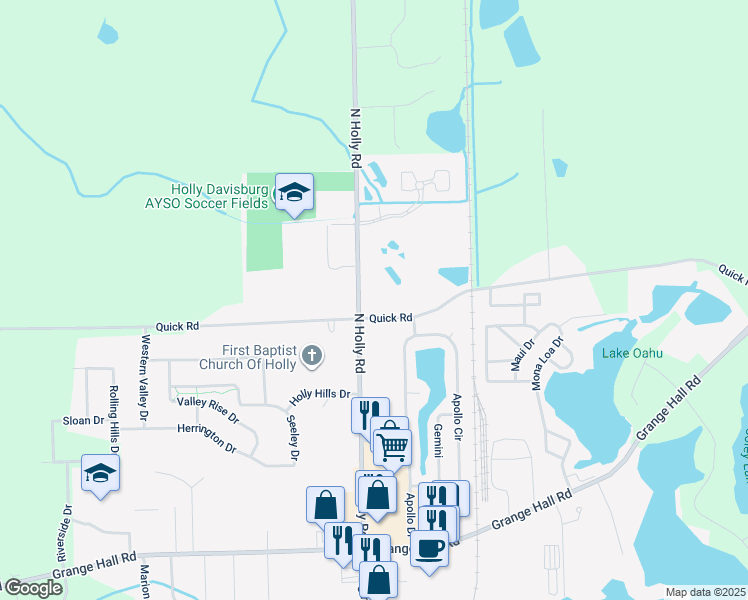 map of restaurants, bars, coffee shops, grocery stores, and more near 11541 North Holly Road in Holly