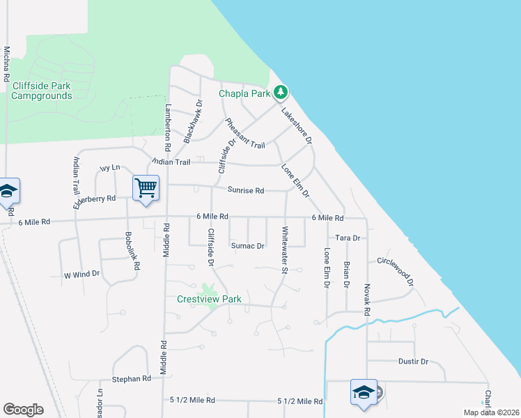 map of restaurants, bars, coffee shops, grocery stores, and more near 2445 Sunrise Road in Racine