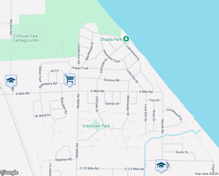 map of restaurants, bars, coffee shops, grocery stores, and more near 2625 Sunrise Road in Racine