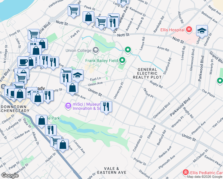 map of restaurants, bars, coffee shops, grocery stores, and more near 1057 Gillespie Street in Schenectady