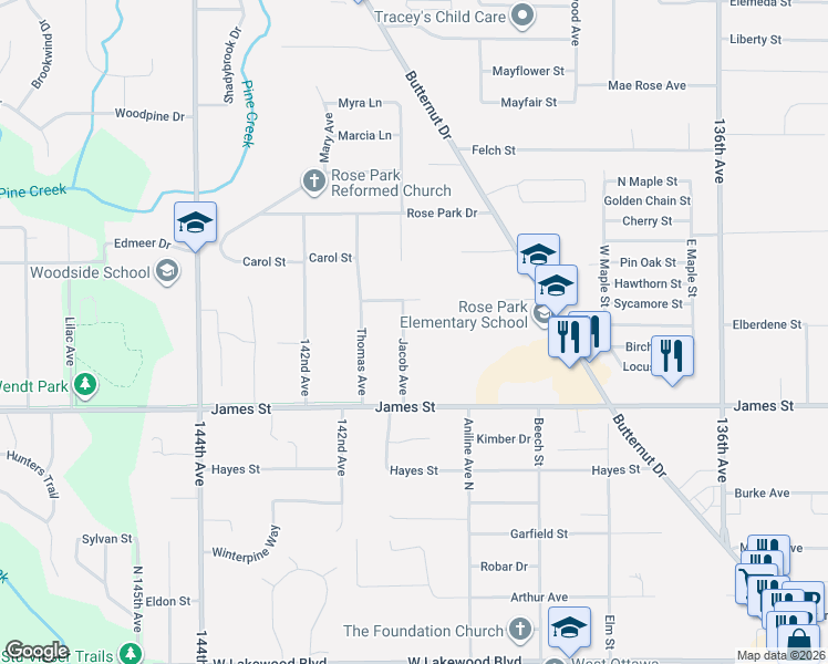 map of restaurants, bars, coffee shops, grocery stores, and more near 556 Jacob Avenue in Holland