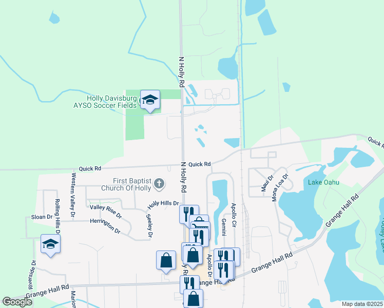 map of restaurants, bars, coffee shops, grocery stores, and more near 11541 North Holly Road in Holly
