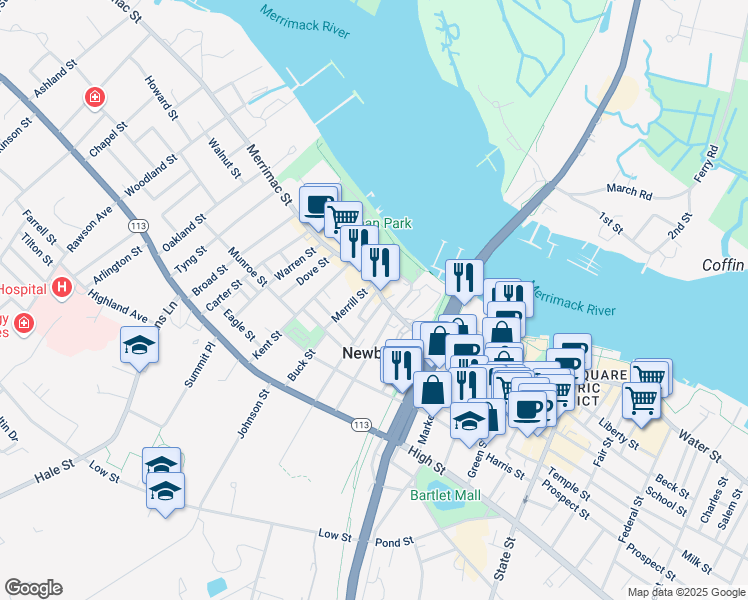 map of restaurants, bars, coffee shops, grocery stores, and more near 31 Elm Street in Newburyport