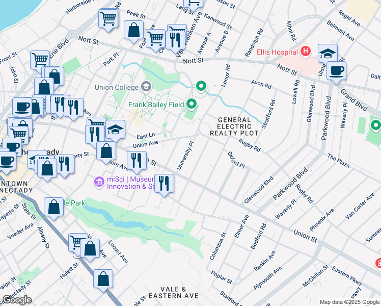 map of restaurants, bars, coffee shops, grocery stores, and more near 1054 University Place in Schenectady