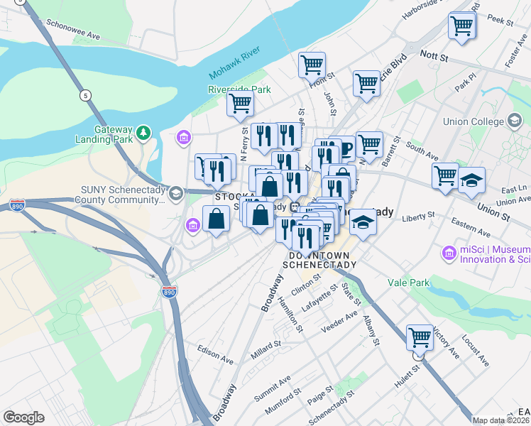 map of restaurants, bars, coffee shops, grocery stores, and more near 240 State Street in Schenectady