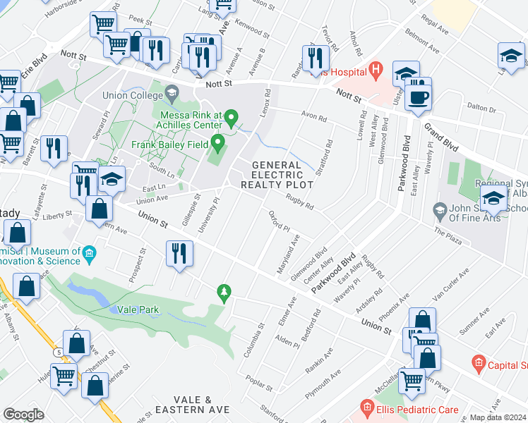 map of restaurants, bars, coffee shops, grocery stores, and more near 1084 Wendell Avenue in Schenectady