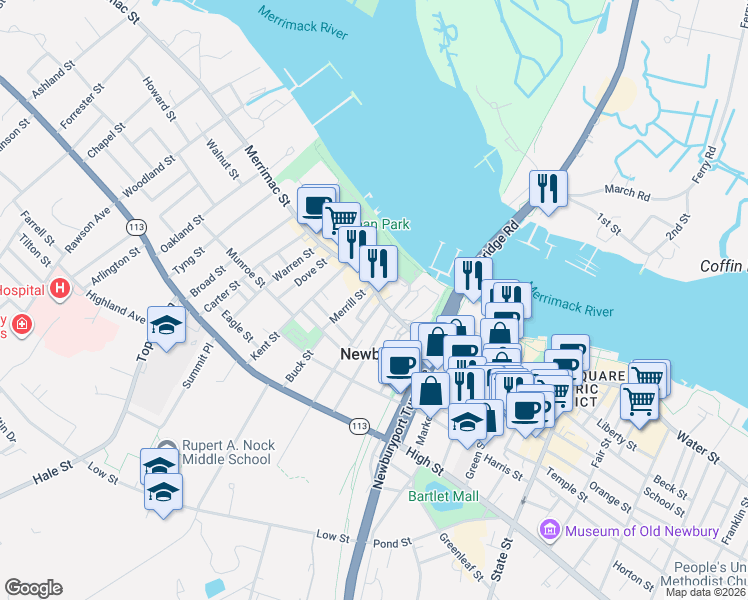 map of restaurants, bars, coffee shops, grocery stores, and more near 169 Merrimac Street in Newburyport