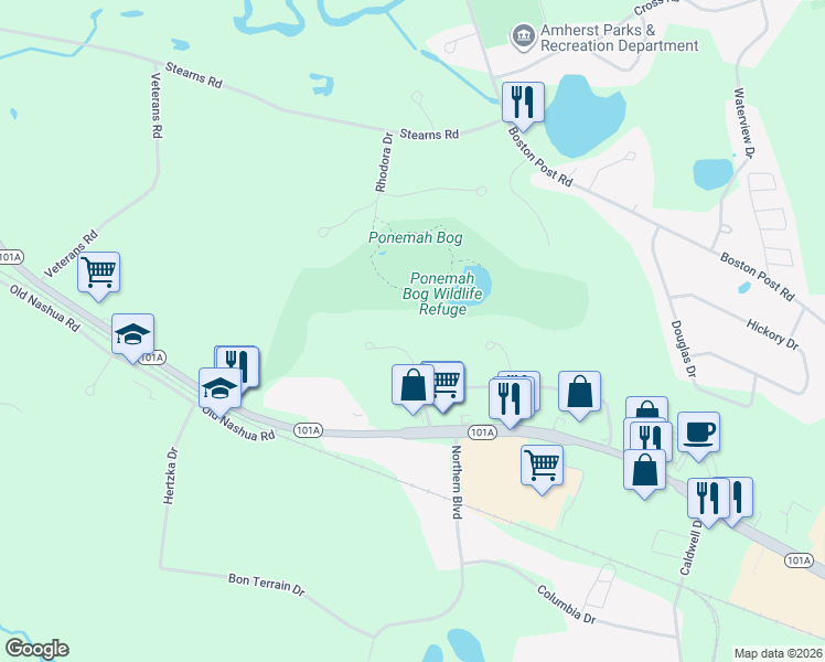 map of restaurants, bars, coffee shops, grocery stores, and more near 1 Cub Circle in Amherst
