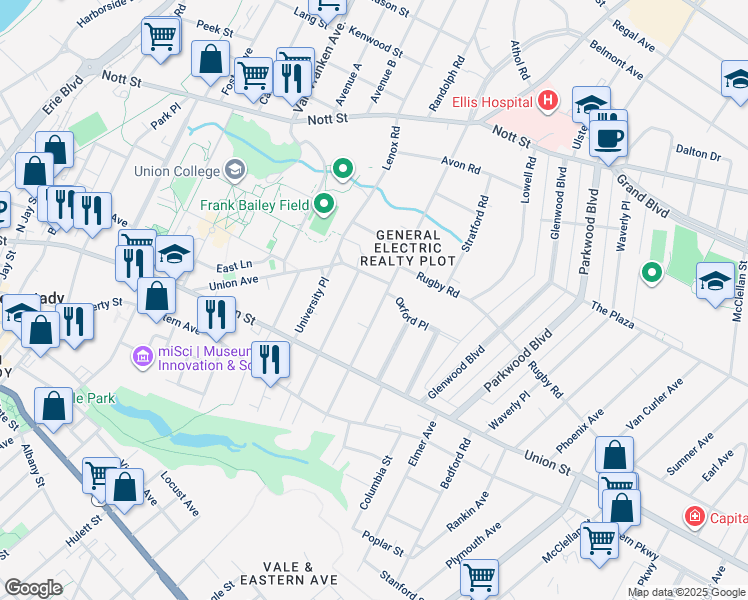map of restaurants, bars, coffee shops, grocery stores, and more near 1087 Wendell Avenue in Schenectady