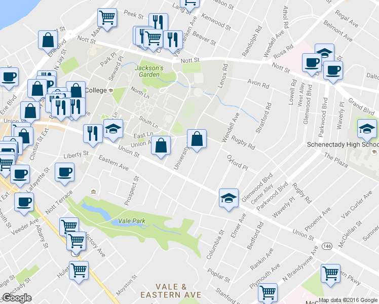 map of restaurants, bars, coffee shops, grocery stores, and more near 1061 University Place in Schenectady