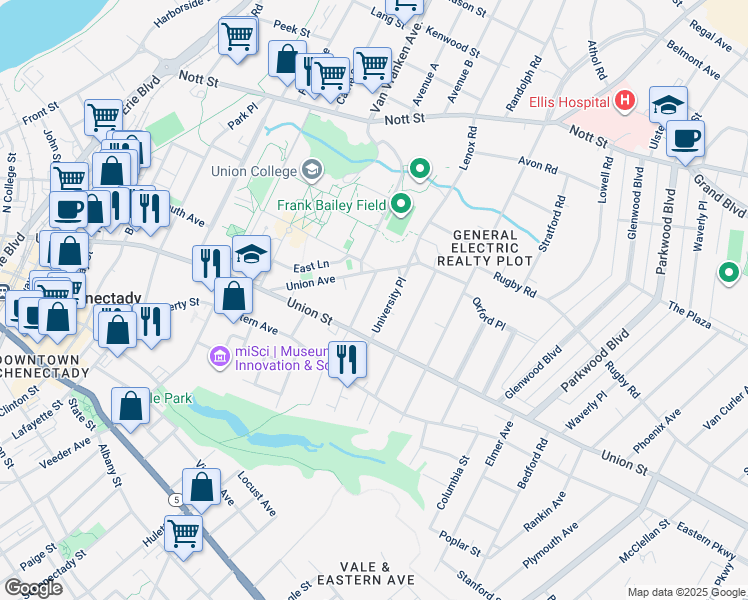 map of restaurants, bars, coffee shops, grocery stores, and more near 1057 Gillespie Street in Schenectady