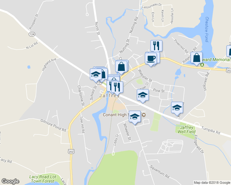 map of restaurants, bars, coffee shops, grocery stores, and more near 19 Peterborough Street in Jaffrey
