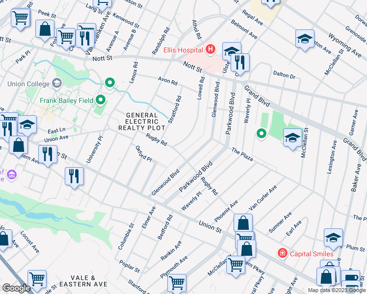map of restaurants, bars, coffee shops, grocery stores, and more near 1168 Lowell Road in Schenectady
