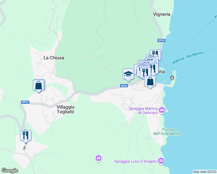 map of restaurants, bars, coffee shops, grocery stores, and more near 54 Via Principe Amedeo in Rio Marina
