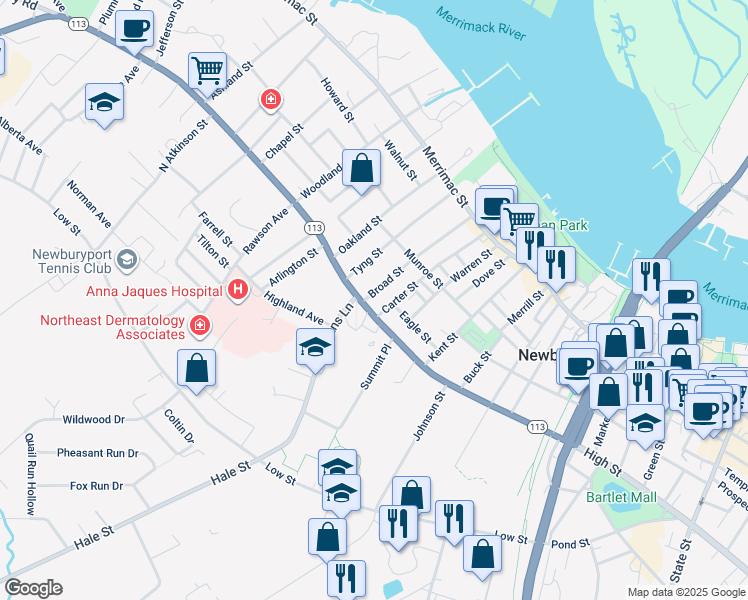map of restaurants, bars, coffee shops, grocery stores, and more near 49 Broad Street in Newburyport