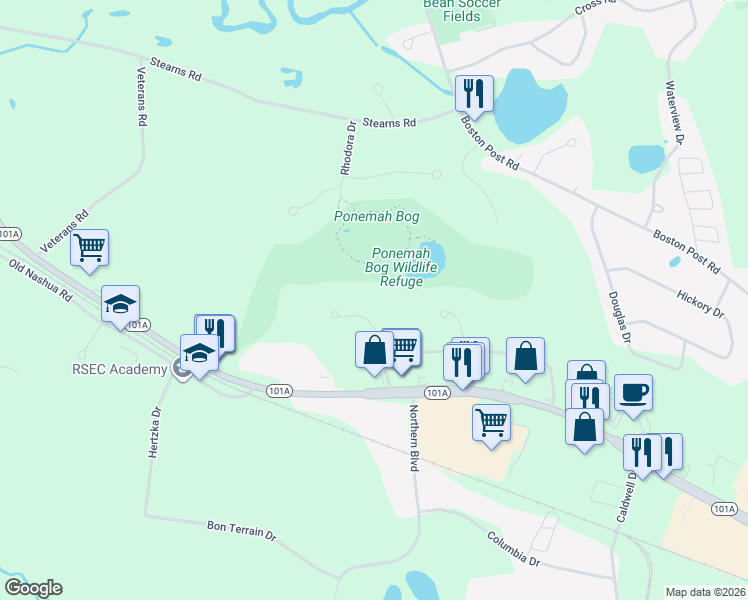 map of restaurants, bars, coffee shops, grocery stores, and more near 2 Skyline Drive in Amherst