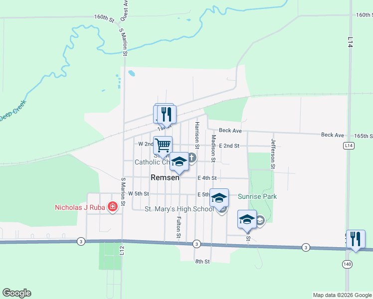 map of restaurants, bars, coffee shops, grocery stores, and more near 100 East 2nd Street in Remsen