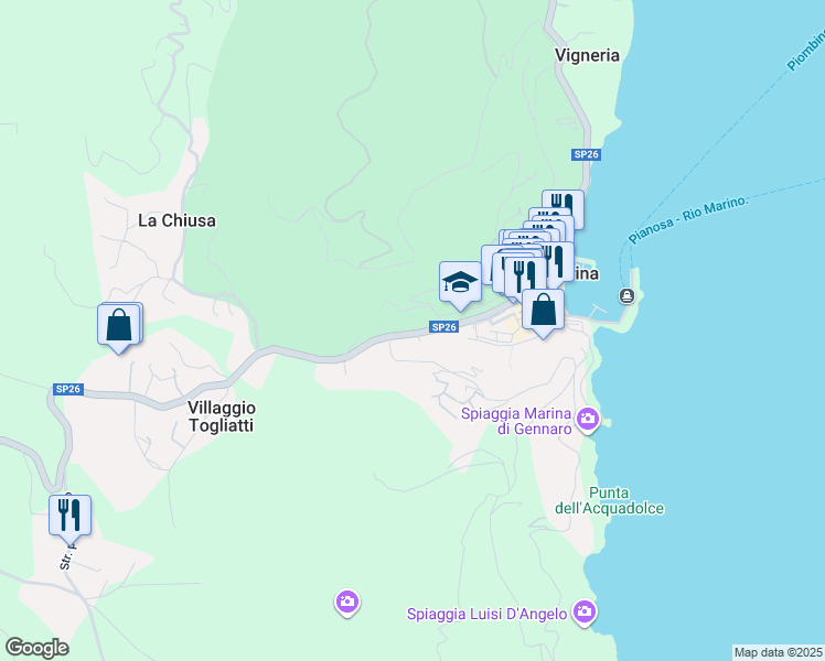 map of restaurants, bars, coffee shops, grocery stores, and more near 54 Via Principe Amedeo in Rio Marina