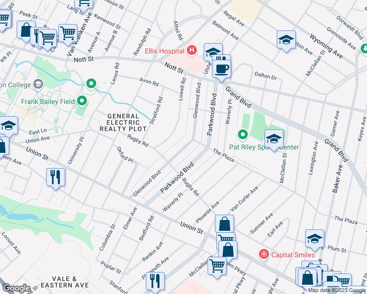 map of restaurants, bars, coffee shops, grocery stores, and more near 1163 Glenwood Boulevard in Schenectady