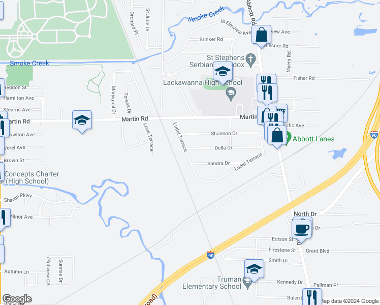 map of restaurants, bars, coffee shops, grocery stores, and more near 7 Della Drive in Buffalo