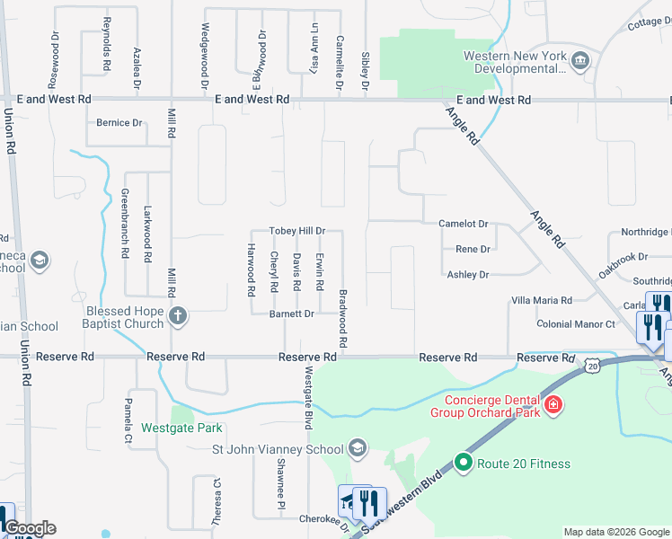 map of restaurants, bars, coffee shops, grocery stores, and more near 109 Bradwood Road in Buffalo
