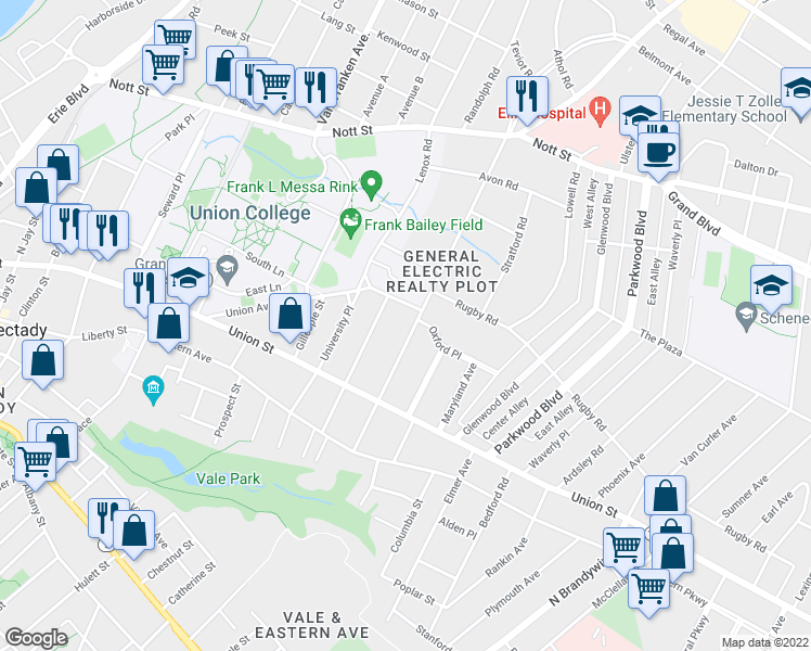 map of restaurants, bars, coffee shops, grocery stores, and more near 1079 Wendell Avenue in Schenectady