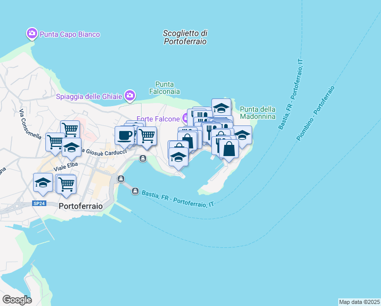 map of restaurants, bars, coffee shops, grocery stores, and more near 59 Via Guerazzi in Portoferraio