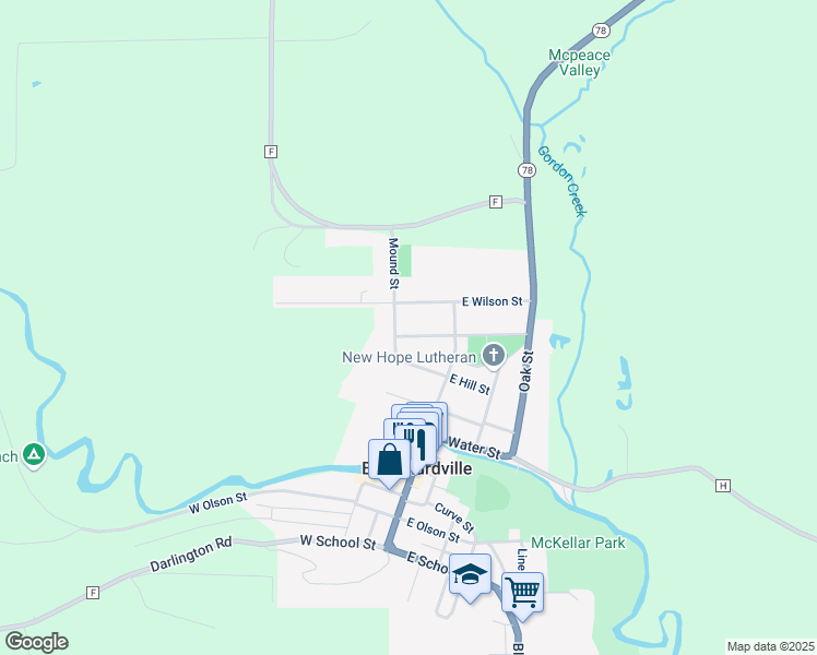 map of restaurants, bars, coffee shops, grocery stores, and more near 111 West Baker Street in Blanchardville