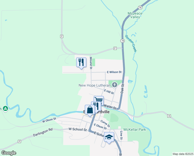map of restaurants, bars, coffee shops, grocery stores, and more near 111 W Baker St in Blanchardville