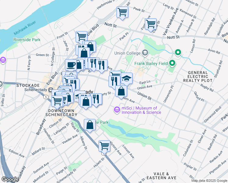 map of restaurants, bars, coffee shops, grocery stores, and more near 60 Nott Terrace in Schenectady