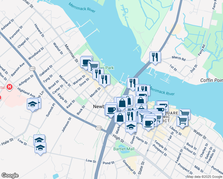map of restaurants, bars, coffee shops, grocery stores, and more near in Newburyport