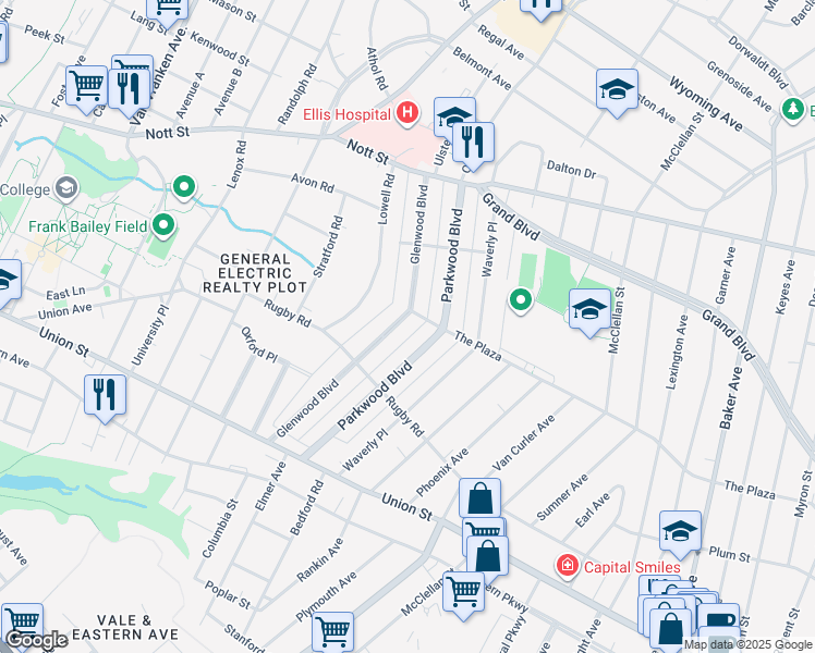 map of restaurants, bars, coffee shops, grocery stores, and more near 1194 Glenwood Boulevard in Schenectady