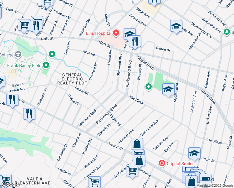 map of restaurants, bars, coffee shops, grocery stores, and more near 1188 Glenwood Boulevard in Schenectady