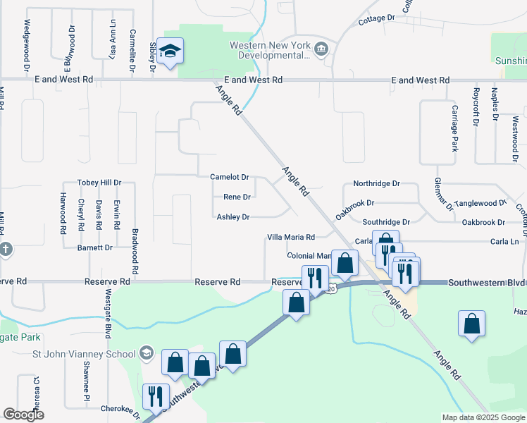 map of restaurants, bars, coffee shops, grocery stores, and more near 59 Ashley Drive in Buffalo