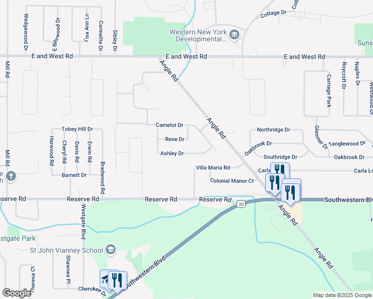 map of restaurants, bars, coffee shops, grocery stores, and more near 59 Ashley Drive in Buffalo