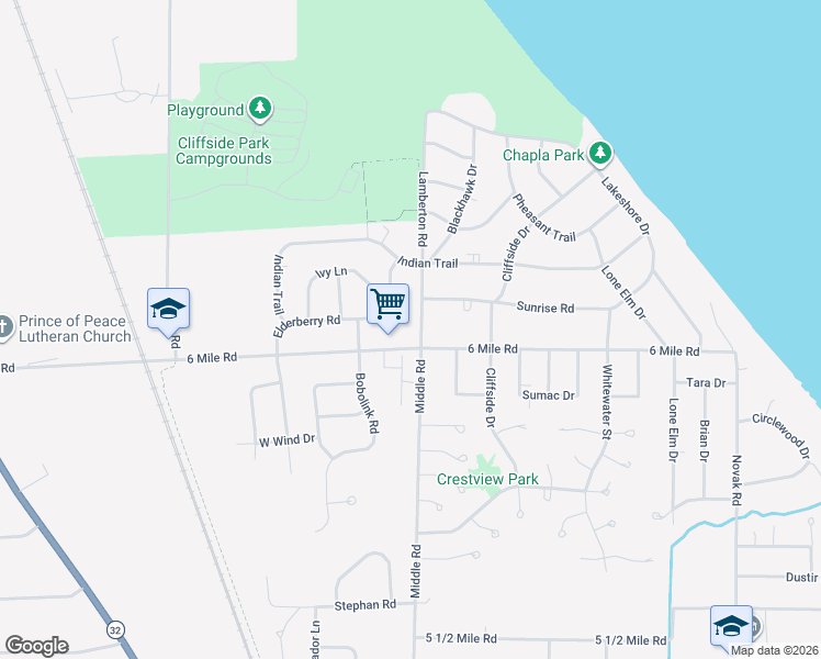 map of restaurants, bars, coffee shops, grocery stores, and more near 3108 6 Mile Road in Racine